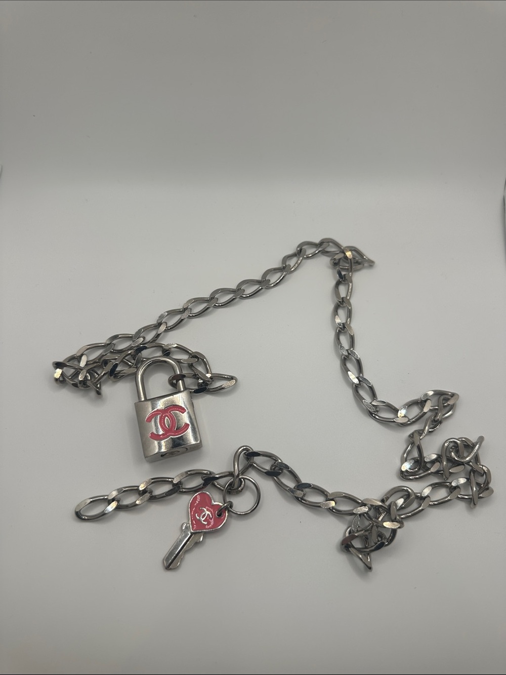 CHANEL Silver Chain Necklace doibles as belt  Pink Enamel Padlock & Key Charms